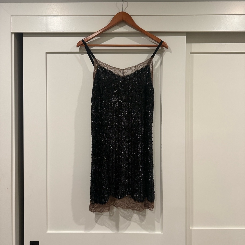 Topshop Black Sequin Dress with Taupe Lace Detail